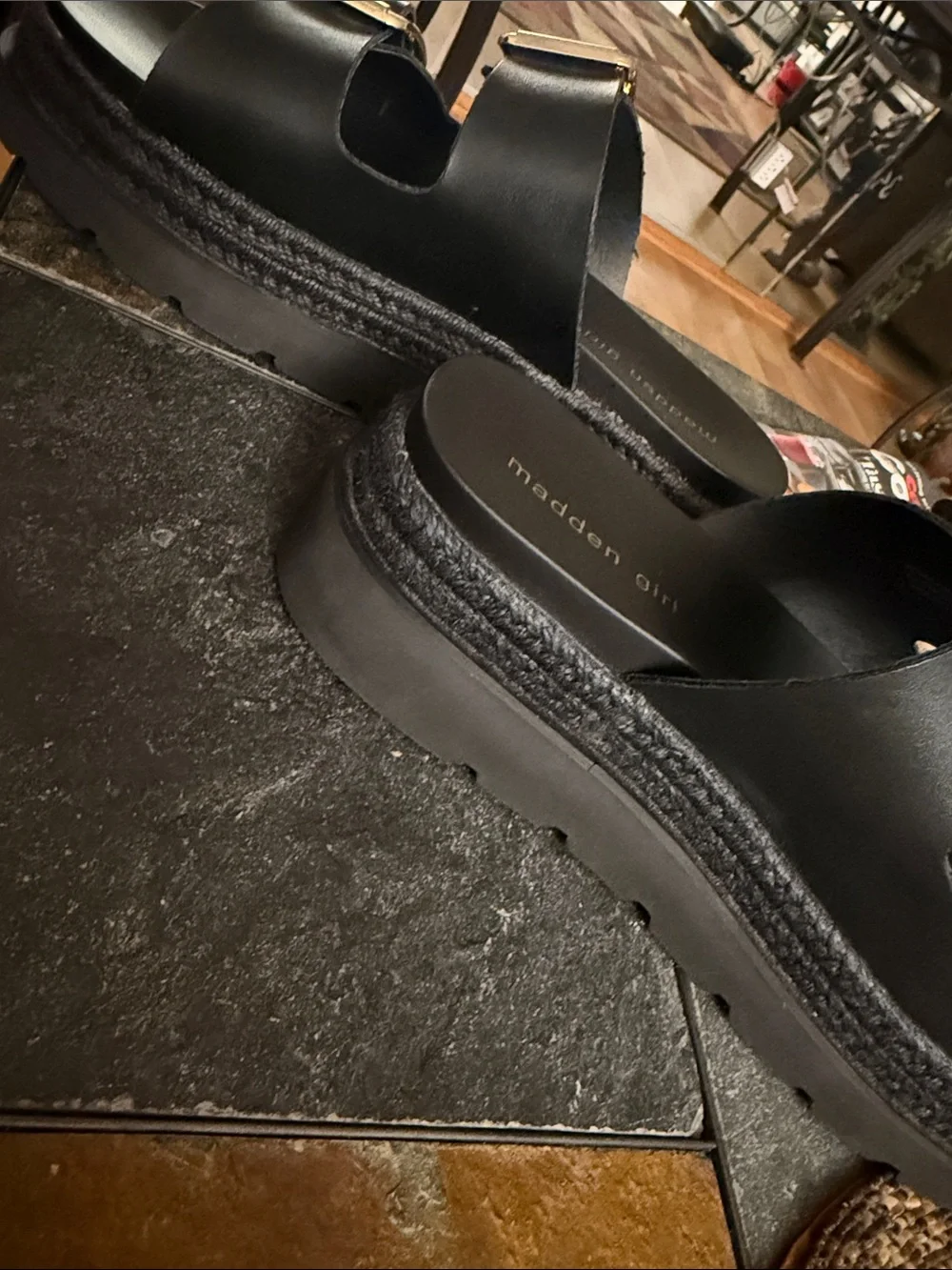 Madden Girl Black Platform Slide Sandals with Gold Buckles - size 9